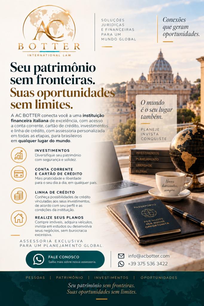 Folder AC Botter sobre assessoria para acesso a serviços bancários e possibilidades de investimentos e crédito na Itália.